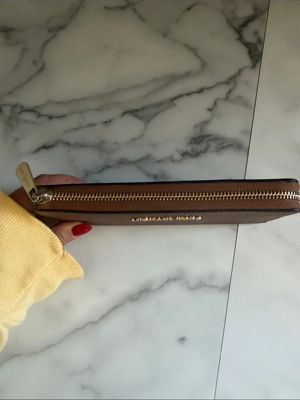 Michael Kors Brown Saffiano Zip Around Wallet with Gold Logo